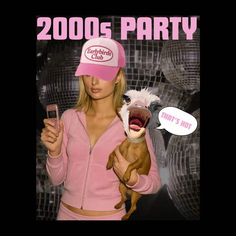 Paris Hilton look-alike with dog with ostrich head