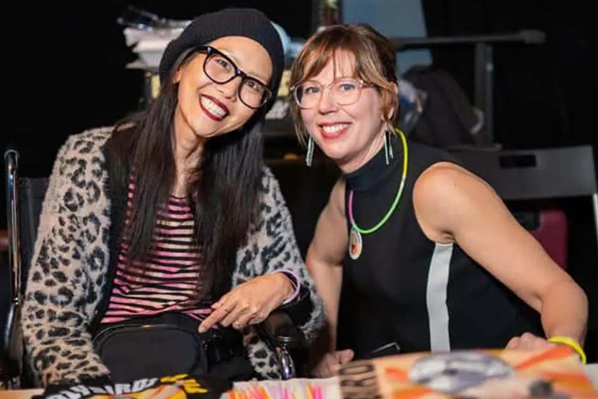 Susie Lee and Laura Baginski at an Early Birds Club dance party in San Pedro, California, on Jan. 10